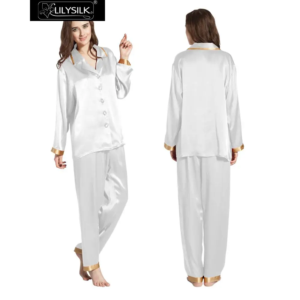 LilySilk пижамы шелковая женская костюм комплект белье ночное шорты 22 Momme с длинным рукавом золотые Запонки свадебные - Цвет: White