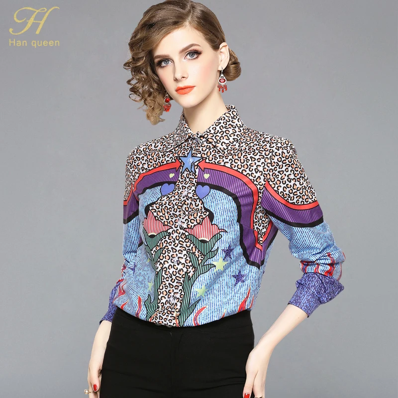 

H Han Queen Spring Print Shirt Turn-down Collar Tops Blouses Long Sleeve Work Casual Chiffon Blouse Women Office Shirts