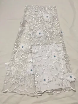

White Color African beads Lace Fabric For Sewing 5 Yards/Lot 2018 Newest High Quality 3 d flowers Embroidery French Lace Fabric