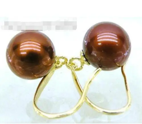 

Free Shipping >>>> SUPER! top 8.5mm round chocolate coffee south sea pearl dangle earring 14k