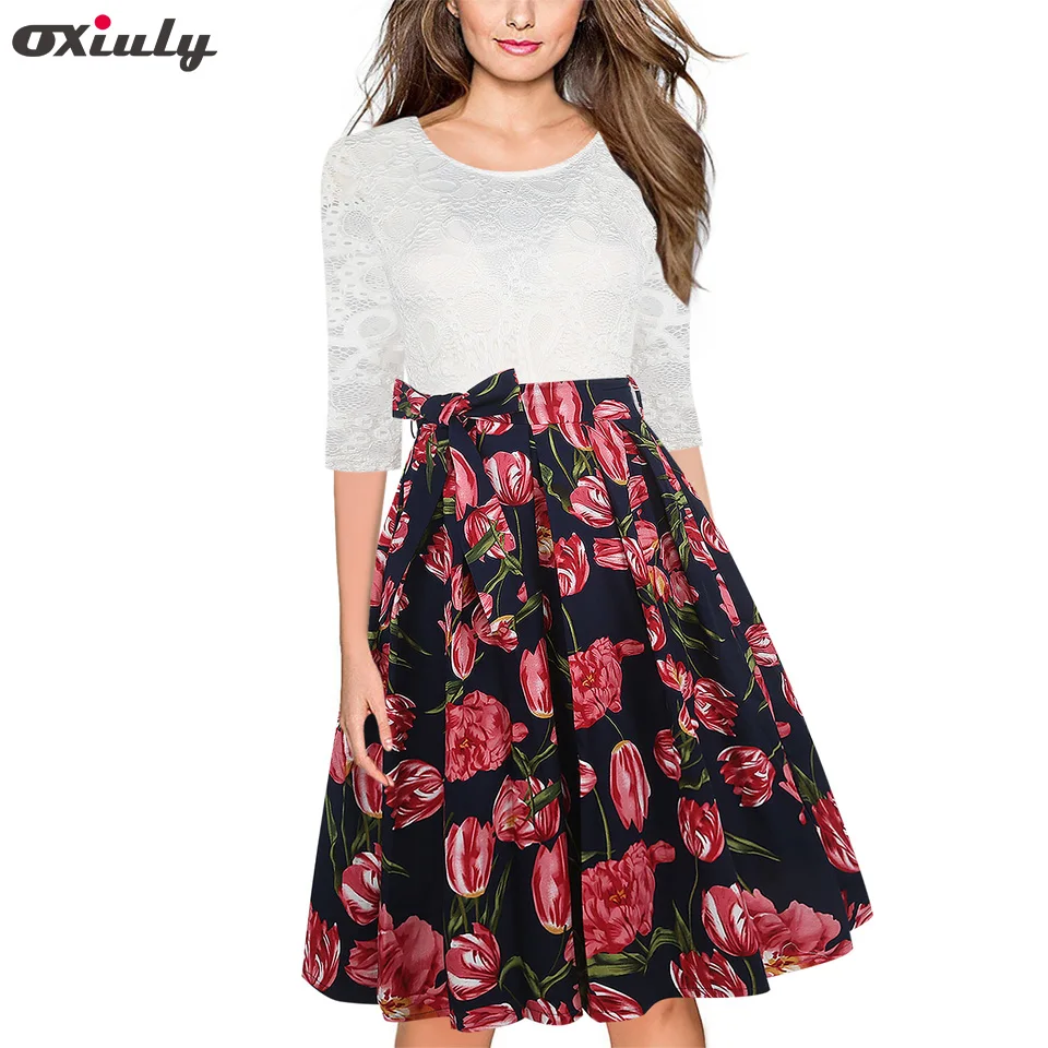 Oxiuly Цветочный принт кружевное элегантное платье пэчворк Vestidos 3/4 для девочек
