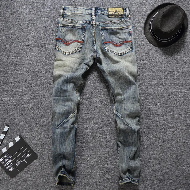 Мужские джинсы винтажные облегающие с прорезями|men jeans high quality|slim fit ripped jeansbiker |