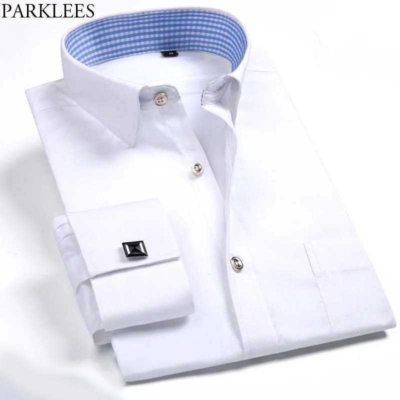 White Wedding Dress Shirt Brand French Cufflink Plaid Print Lining ...