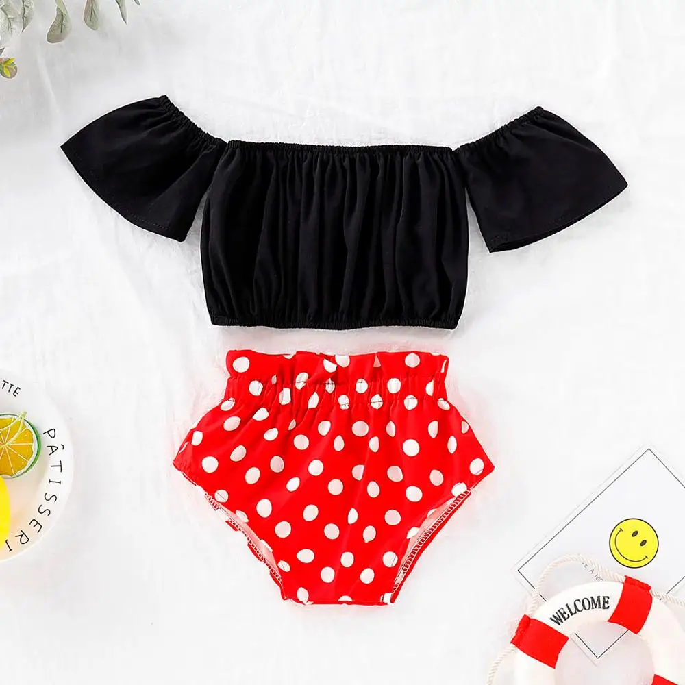 

2019 Baby Summer Clothing 6M-4Y Toddler Kids Baby Girl 2Pcs Sets Off Shoulder Crop Tops Polka Dot Shorts Bottom Outfits Clothes