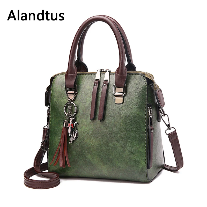 Alandtus أزياء المرأة البسيطة حقيبة ساعي مصمم Crossbody أكياس شرابة الإناث حقائب كتف جلد طبيعي فاخر حقائب