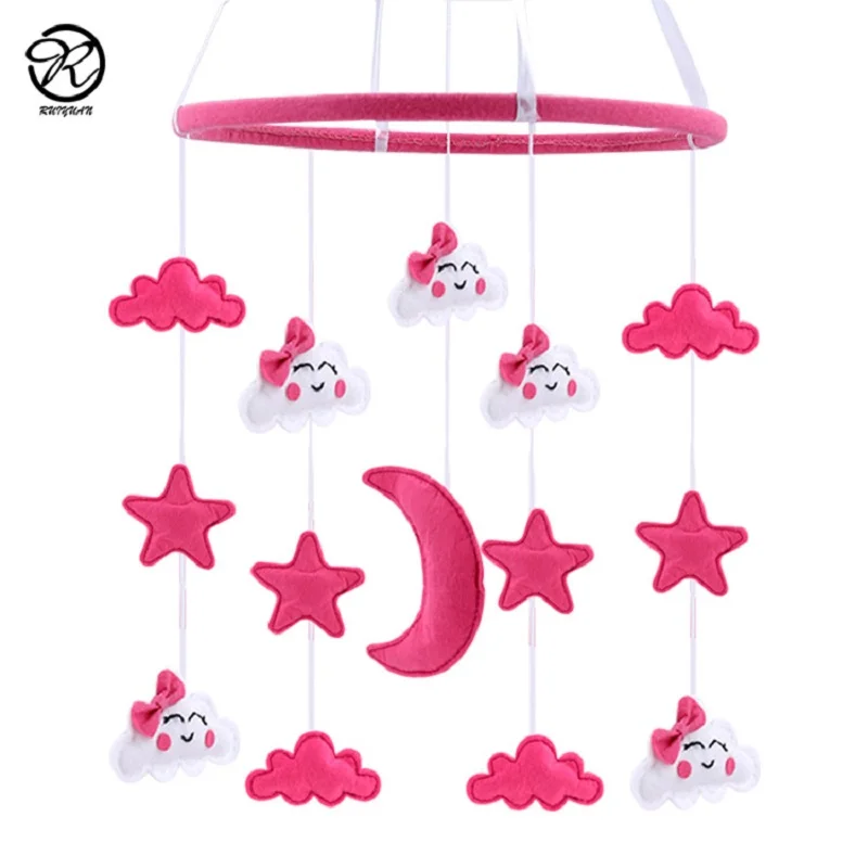 

Baby Felt Crib Mobile, White & Rosy Pink Color Nursery Decoration, Stars, Moons, Happy Faces, Hanging Toys for Girls