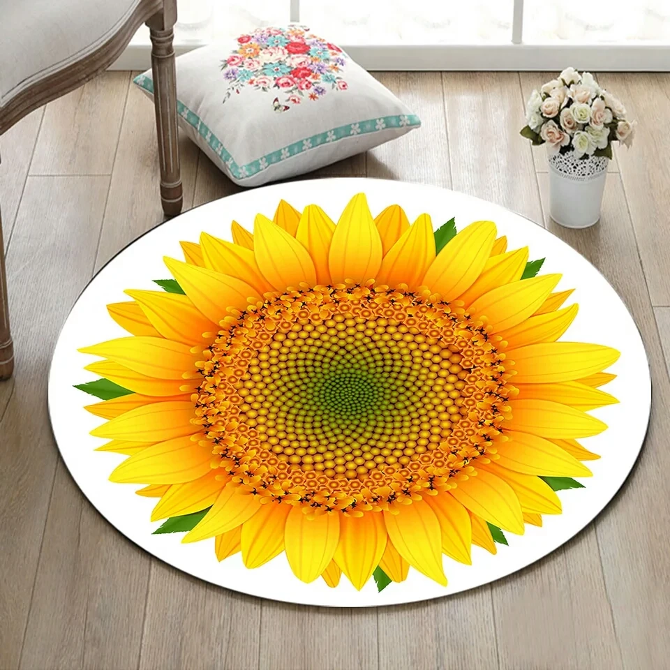 Round Sunflower Printed Rug and Carpet for Home Living Room and Bedroom