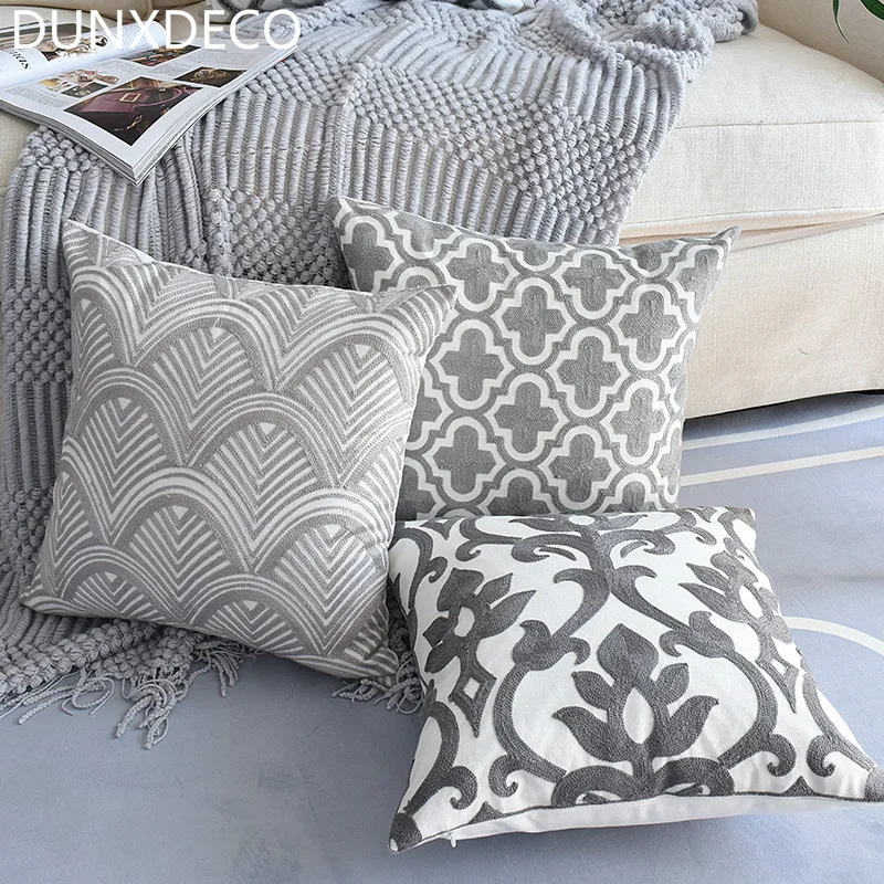 

DUNXDECO Cushion Cover Decorative Pillow Case Simple Gray Geometric Cotton Thread Embroidery Artistic Sofa Chair Coussin Decor
