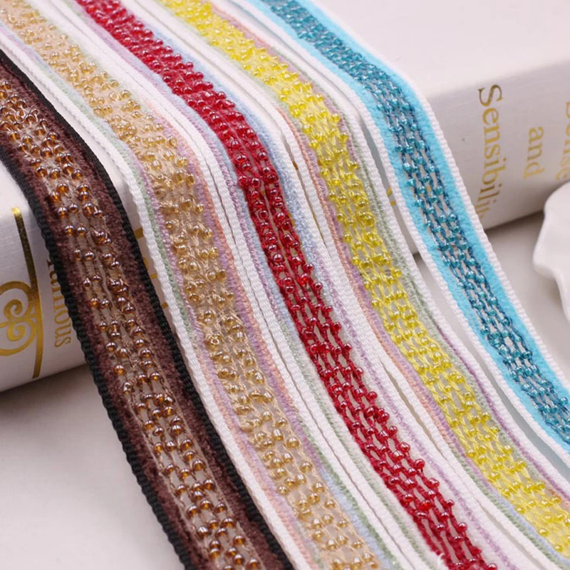 

0.9M Colorful Glass beaded lace trim fabric applique knitted ribbon wrap diy collar bordered clothes garment accessory 1PC
