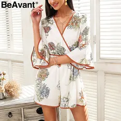 BeAvant Flare с v-образным вырезом и сексуальный комбинезон летний цветочный принт комбинезон Женщины Элегантный пижамы комбинезон 2018