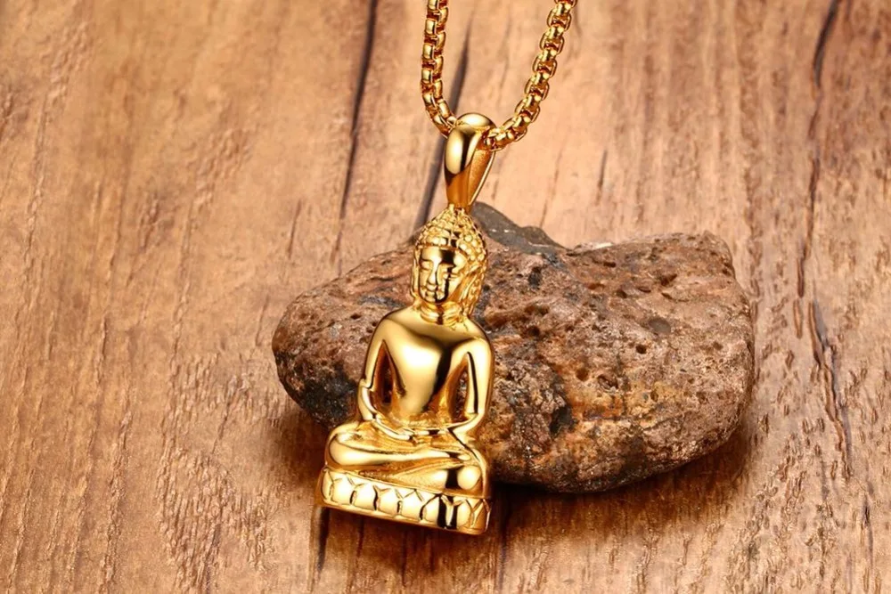 Mens Womens Buddha Pendant Necklace Bodhisattva Amulet Talisman Necklaces in Gold-color Stainless Steel Fashion Jewelry Men Accessories Fashion Jewelry Mens Accessories collares collier colar choker 16