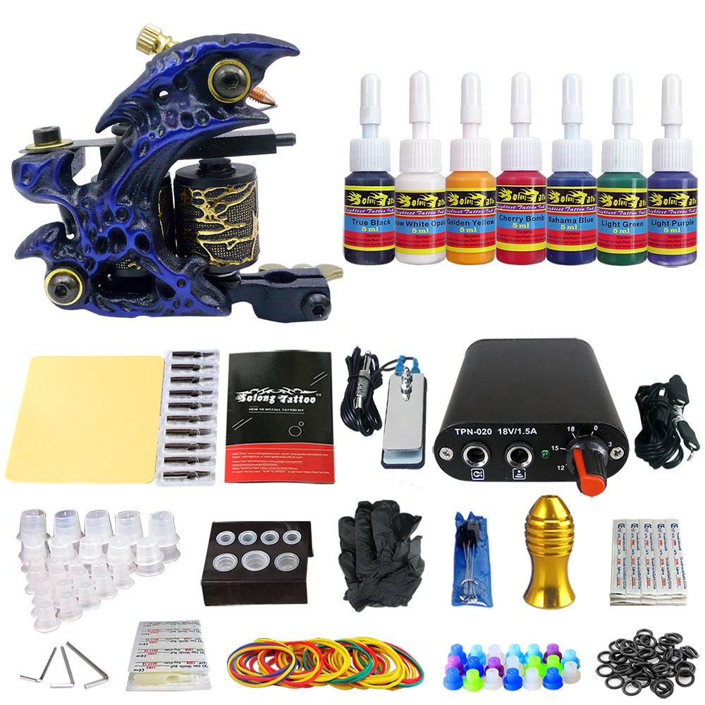 

Solong Tattoo Professional Starter Coil Tattoo Machine Guns Kits Power Supply Foot Pedal 20 Needles Grip Tip 7 Ink Cup TK105-10