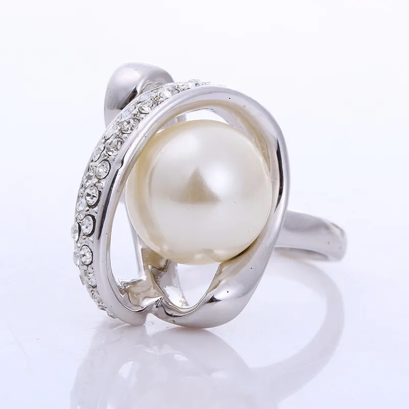 White Gold Color Swirle Big Faux Pearl w/ Crystals Statement Cocktail