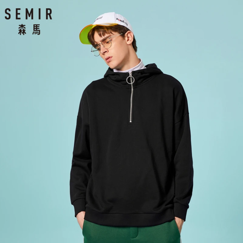 

SEMIR Men Oversized Hooded Sweatshirt with Zip Pullover Hoodie with Ribbed Cuff and Hem Slits at Side Longer at Back Streetwear