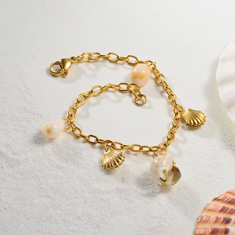 Baoyan позолоченные браслеты цепочки из нержавеющей стали Boho Cowrie Sea Shell браслет