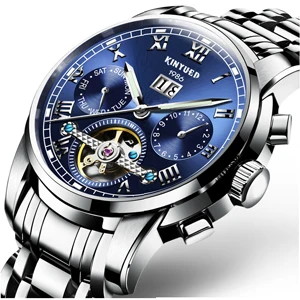 KINYUED, механические часы из нержавеющей стали, мужские турбийон, автоматические часы, водонепроницаемые, с календарем, Лидирующий бренд, мужские часы, Relogio - Цвет: Blue Silver Band