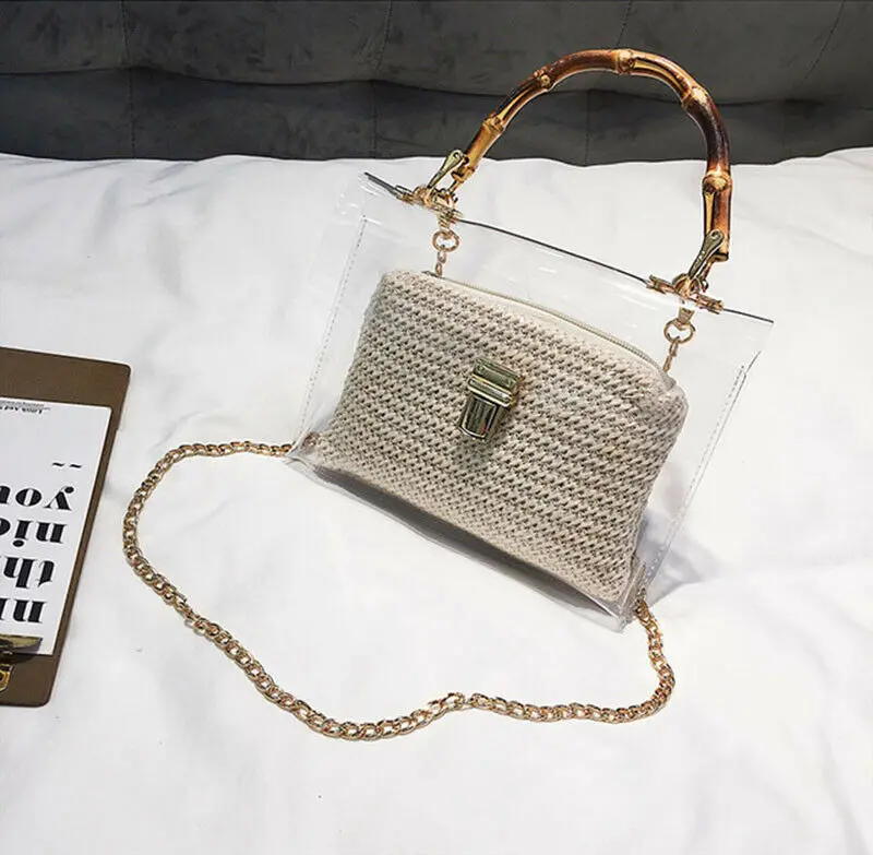 

2019 Newest Hot Women Transparent Clear PVC Lock Chain Out Tote Straw Rattan Woven Cross Body Composite Bag Shoulder Handbag