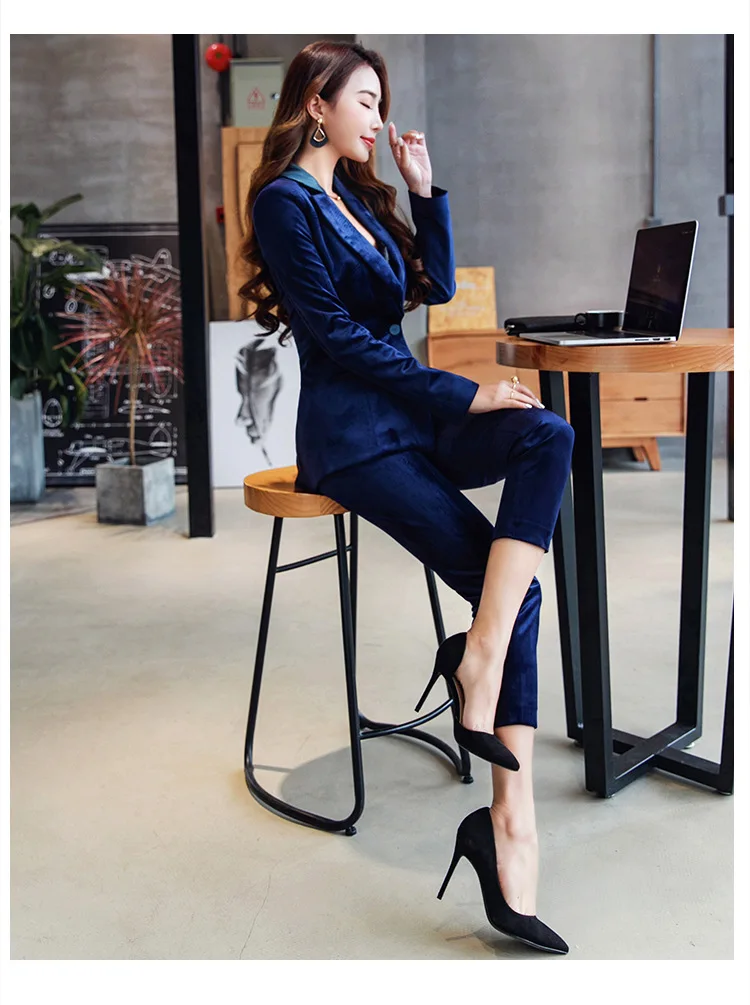 Золотой Бархат из двух частей формальные брюки костюм длинный рукав офисные женские туфли форма дизайн для женщин бизнес Костюмы Блейзер
