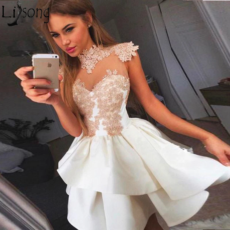 

Chic Ivory Short Cocktail Dress See Through Lace Applique Mini Homecoming Dresses Zipper Short Prom Gown Robe de soiree Cheap
