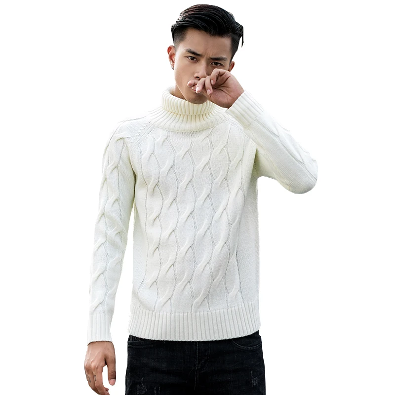 Мужской толстый свитер с длинным рукавом белый/черный/серый пуловеры мужские приталенные Пуловеры Зимние повседневные Гольф - Цвет: Белый
