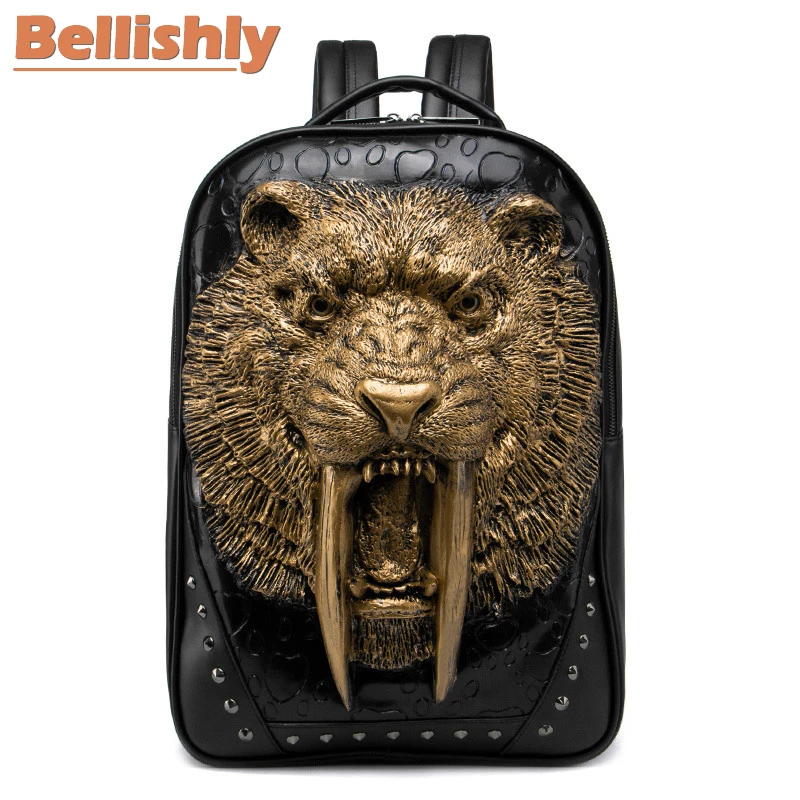 

Bellishly New Male 3D Animal Pattern Tiger Bags Men's Fashion Rivet Schoolbag Women's Laptop Backpack Female Lion Hobo Backpacks