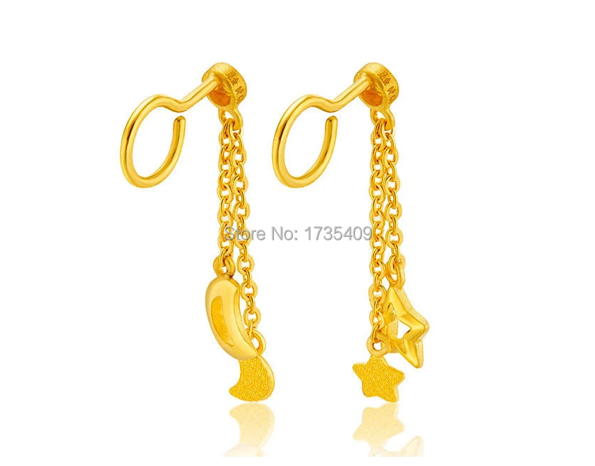 Authentic 24K Yellow Gold Earrings /Craved Star Moon Dangle Earring/ 3.6g