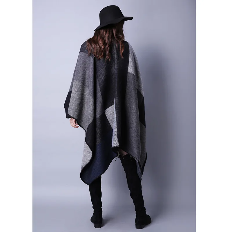 Дизайн модное зимнее женское теплое пончо и накидки для дам пальто Высокое качество женские шали большой геометрический плащ