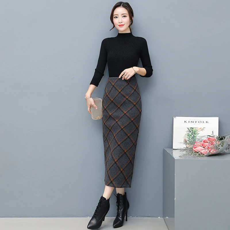 2018-Autumn-Winter-Long-Warm-Skirts-For-Women-Elegantes-Faldas-Largas-High-Waist-Plaid-Pencil-Long (2)
