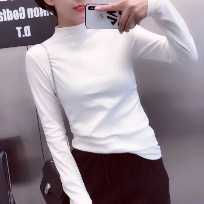 Basic Colorful Turtleneck T shirts Women 2019 Spring Long Sleeve Casual Solid Cotton Tshirt Female Plus Size With Velvet