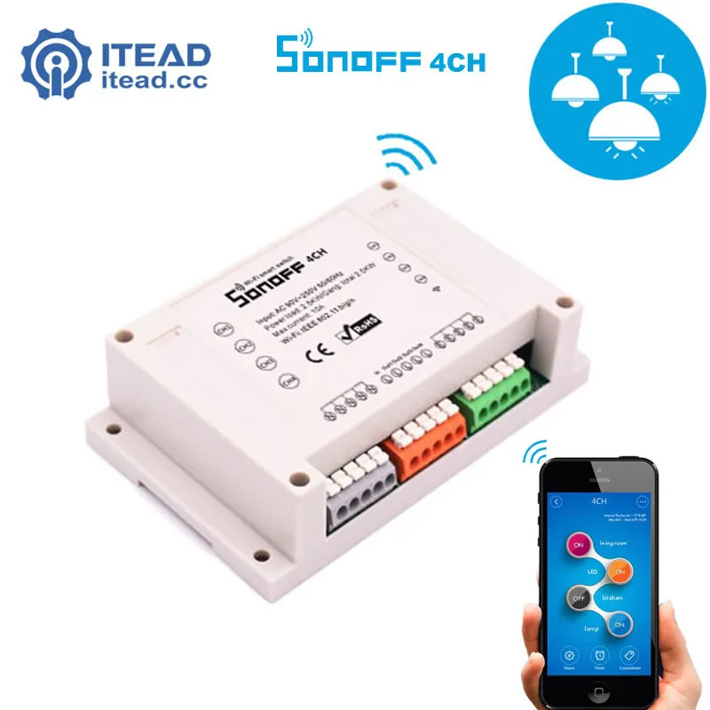 imágenes para ITEAD Sonoff 4CH-4 Banda de Montaje En Carril Din intellige Control Inalámbrico WIFI Smart Switch Home Light Remoto Snoff 10A/2200 W Alexa imágenes para ITEAD Sonoff 4CH-4 Banda de Montaje En Carril Din intellige Control Inalámbrico WIFI Smart Switch Home Light Remoto Snoff 10A/2200 W Alexa