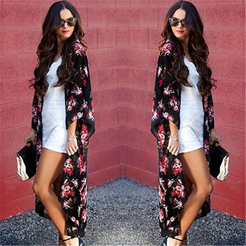 

Women Ladies Floral Open Cape Casual Loose Blouse kimono Cardigan