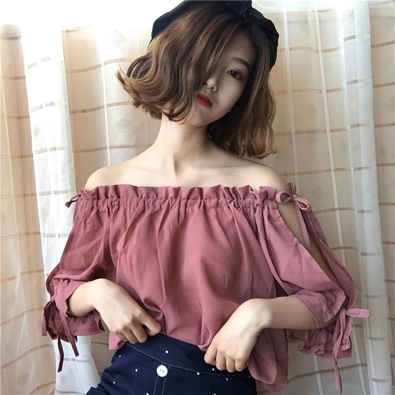 

Women's Chic Shirts Off-Shoulder Lantern Sleeve Lace Pleated Korean Harajuku Japan CollegeChiffon Blouse Woman Tops SP344
