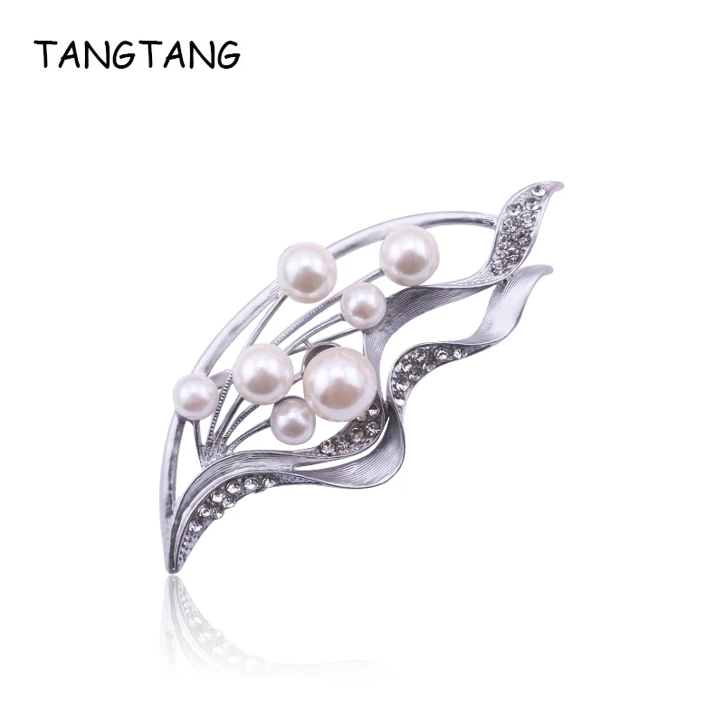 

TANGTANG Pearl Brooch For Women Matte Silver Beaded Jewelry Pin Leaf Brooch Scarf Clips Popular Spring Autumn Design For Suit