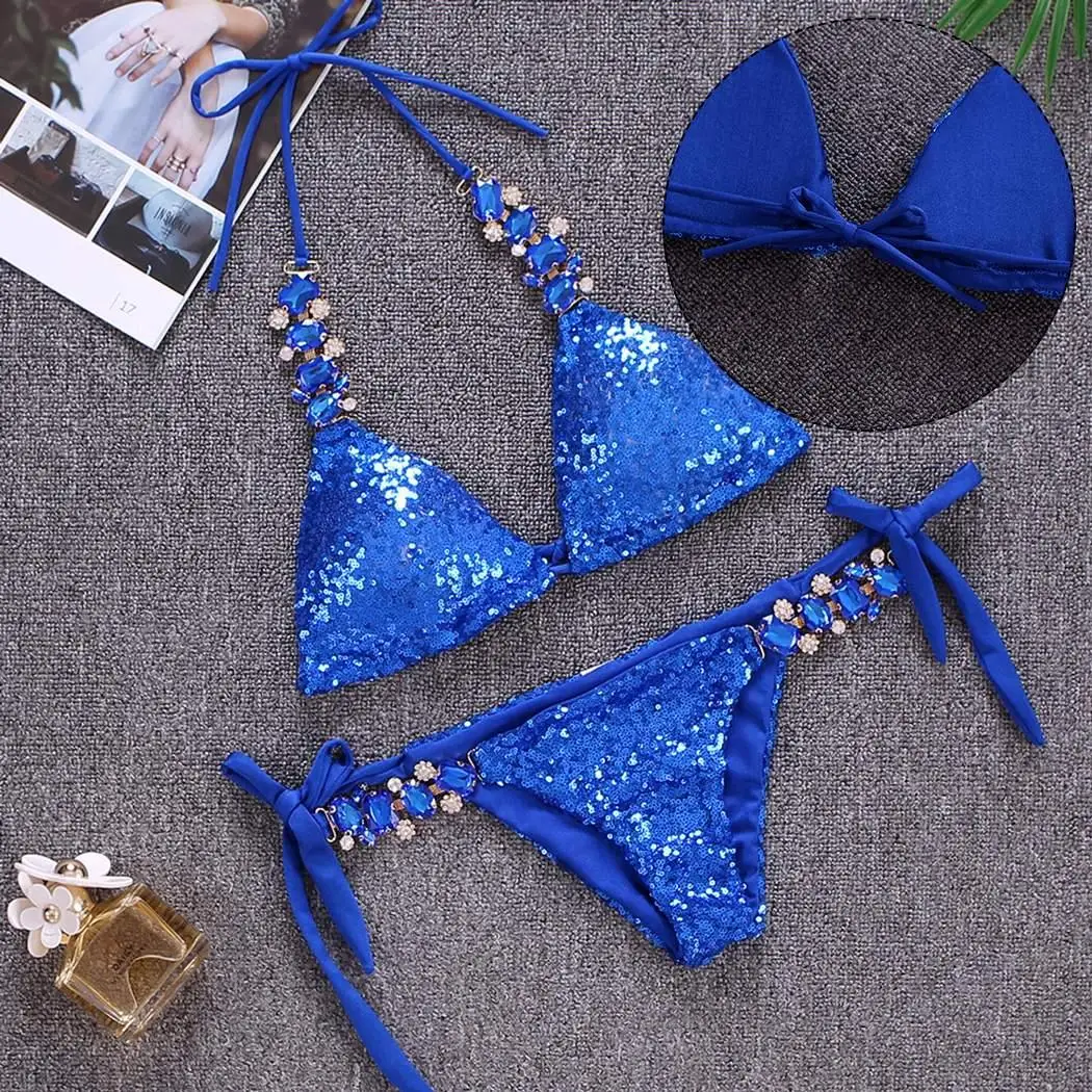 

Women Halter Rhinestone Patchwork Backless Sequins Slim Swimming Wear Summer Tie Split Yes No Short Swimsuit