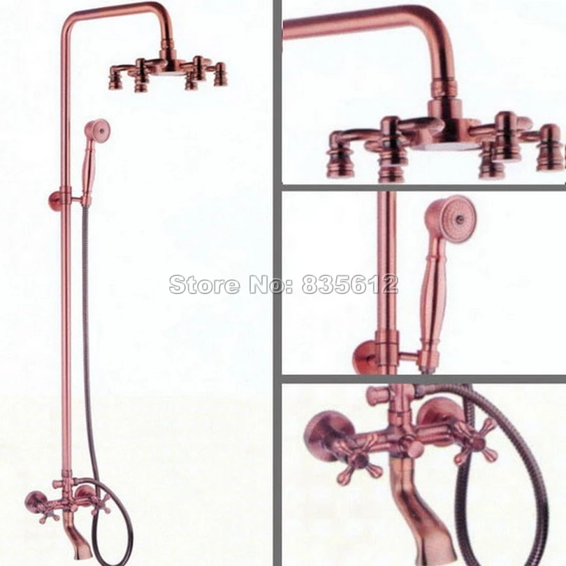 Goede Badkamer Wandmontage Antieke Rood Koper Dual Cross Handvatten Regen Douchekraan Set met Douchekop Bad Mengkraan Wrg014