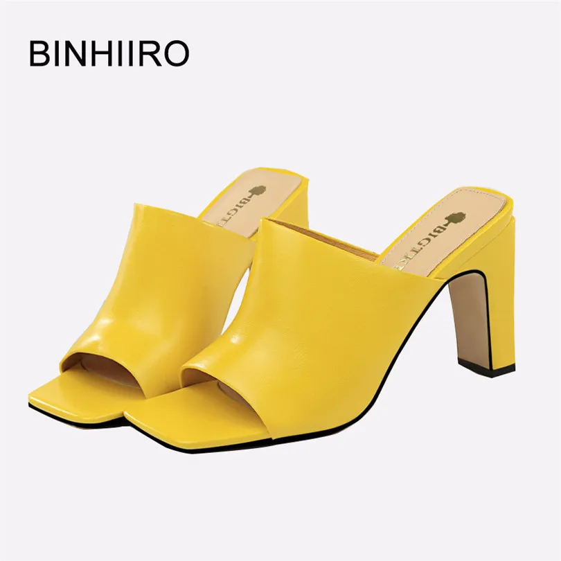 

BINHIIRO Women Slipper PU Solid Peep Toe Square High Heel Slipper Ladies Casual Outdoor Slipper Yellow Ladies Slippers Summer
