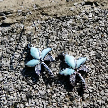 

DJ CH Coconut Palm Tree 925 Silver Dangler Earrings Natural Larimar Eardrop Earrings boucle d oreille Jewelry for Sensitive ears