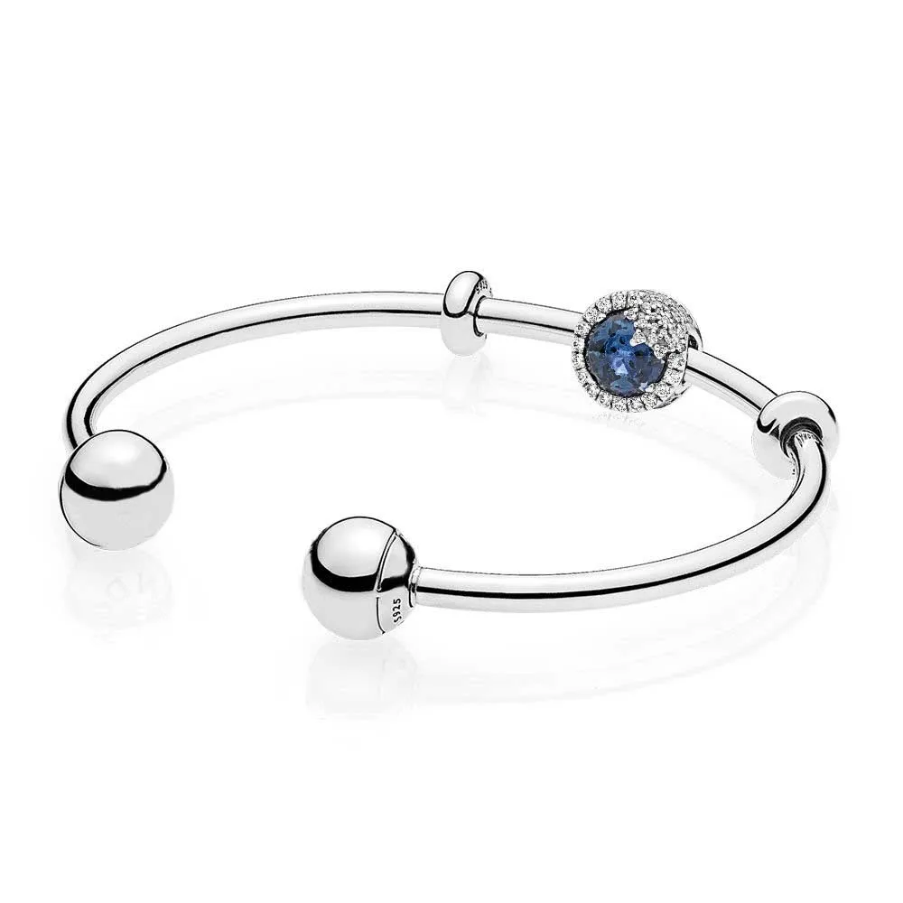 

NEW 925 Sterling silver Blue Dazzling Snowflake Open Bangle Set Clear CZ fit DIY Original charm Bracelets jewelry A Set