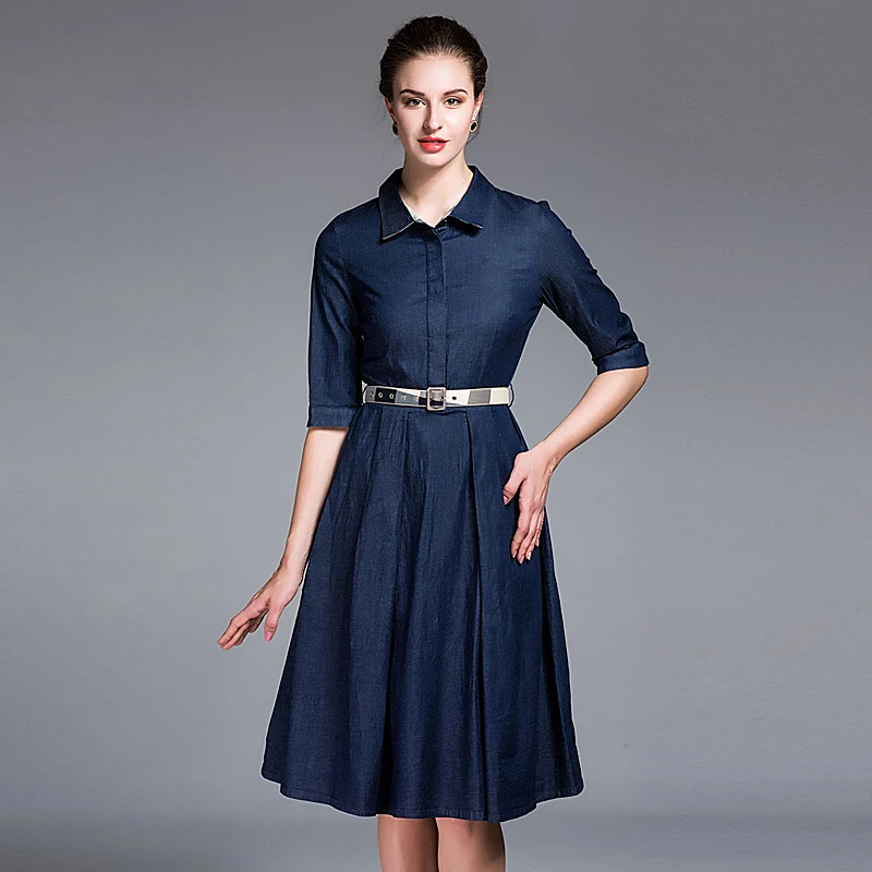 Женская Весна Dress Половина Рукава отложным Воротником Темно Синий Ковбой FYXY