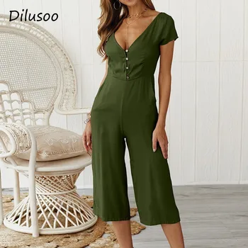 

Dilusoo Sexy V-neck Jumpsuits Women Summer Button Short Sleeve Solid 3/4 Pants Jumpsuits Female Casual Pocket Backless Jumpsuit