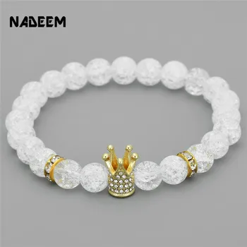 New Fashion Imperial Micro Pave Cubic Zircon Crown Charm Bracelet Men Women’s White Crack Flowers Stone Beads Bracelet Jewelry