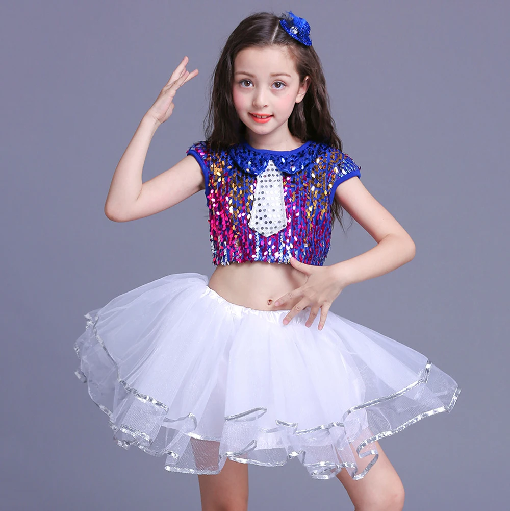 Детские джазовые танцевальные современные костюмы для чирлидинга в стиле хип-хоп, укороченный топ для девочек, рубашка юбка-пачка с блестками джаз, танцевальный комплект