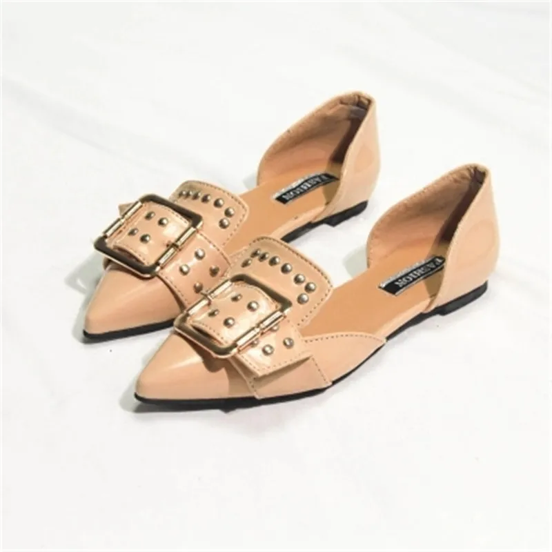 

2018 Europe and the United States new patent leather pointed hollow belt buckle rivet set foot flat with a flat shoes lazy women