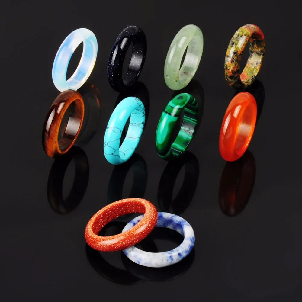 

Druzy New Wholesale Jewelry Lots 6pcs Hand Carved Mixed Random Color Smooth Natural Stone Mystic Quartz Finger Rings for Party