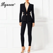 Bqueen 2017 New Deep V Sexy Business Pant Suits Set Blazers Formal Women OL Elegant Skinny Cut Out Black Backless Runway Suits