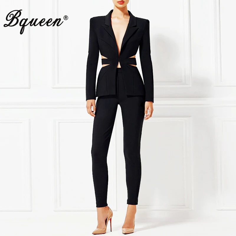 Image Hego 2016 New  Arrival  Deep V Blazer Skinny Cut Out Formal Pant Suits Sets Sexy Women OL Elegant Business Style