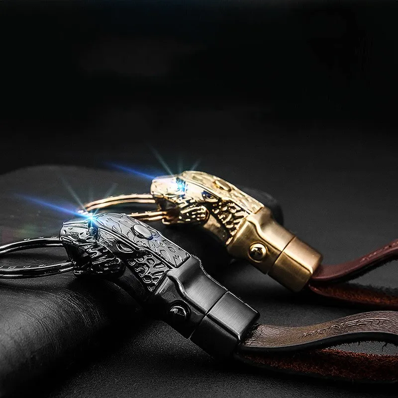 

Creative LED Light Leopard Head Model Keychain Real Cowhide Key Holder Keyrings Automobile Key Ring Chain Car Accessories Gifts