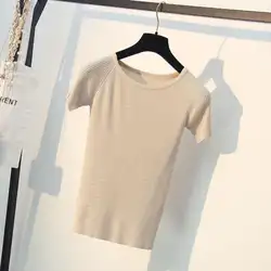 Основные трикотажные футболки Для женщин 2019 летние тонкие свитера с круглым вырезом с короткими рукавами, вязаные топы Высокая растянуть