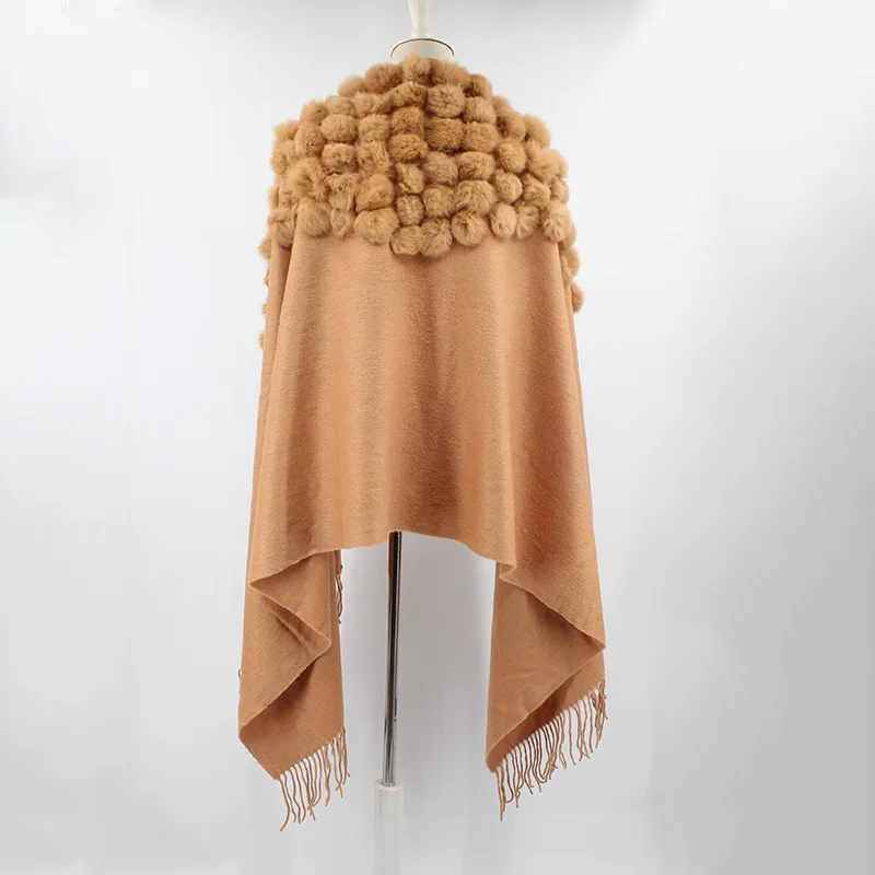 100% sheep fur cashmere shawl with real rabbit fur balls (17)