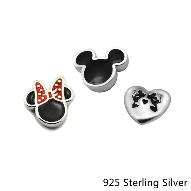 

100% 925 Sterling Silver Jewelry Cartoon Bowknot Mouses Petites Charm 3 Petites Fits DIY Floating Locket Necklace